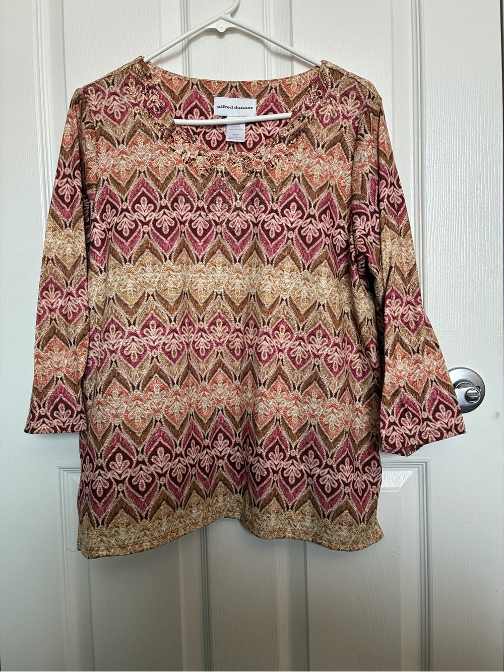 Alfred Dunner Burgundy Multi Long Sleeve Patterned Scoop Neck Top